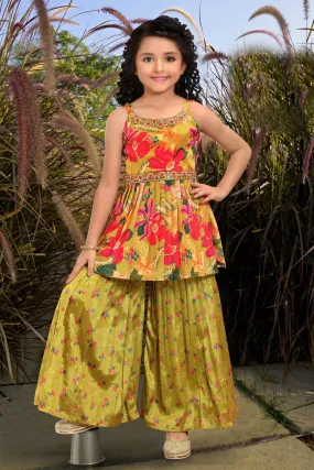 Mehendi Green Multicolor Digital Print Peplum Top and Sharara Set for Girls