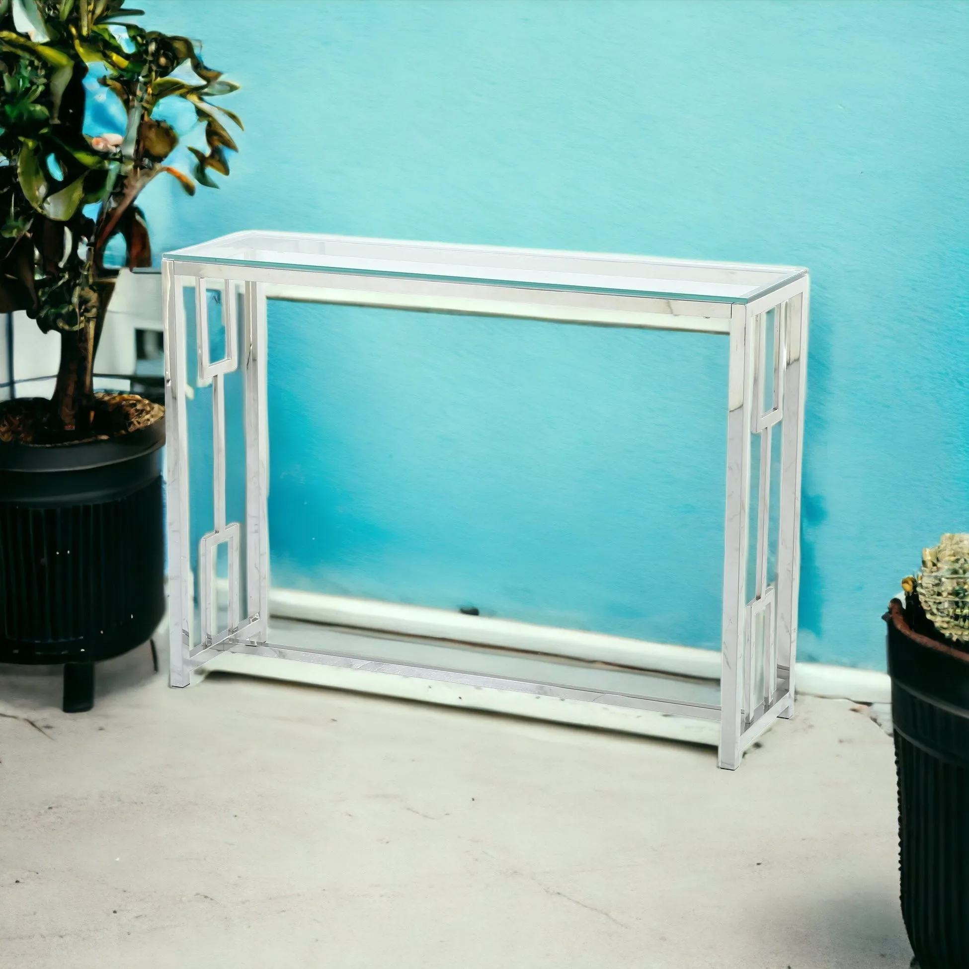 12" Clear and Silver Glass Frame Console Table