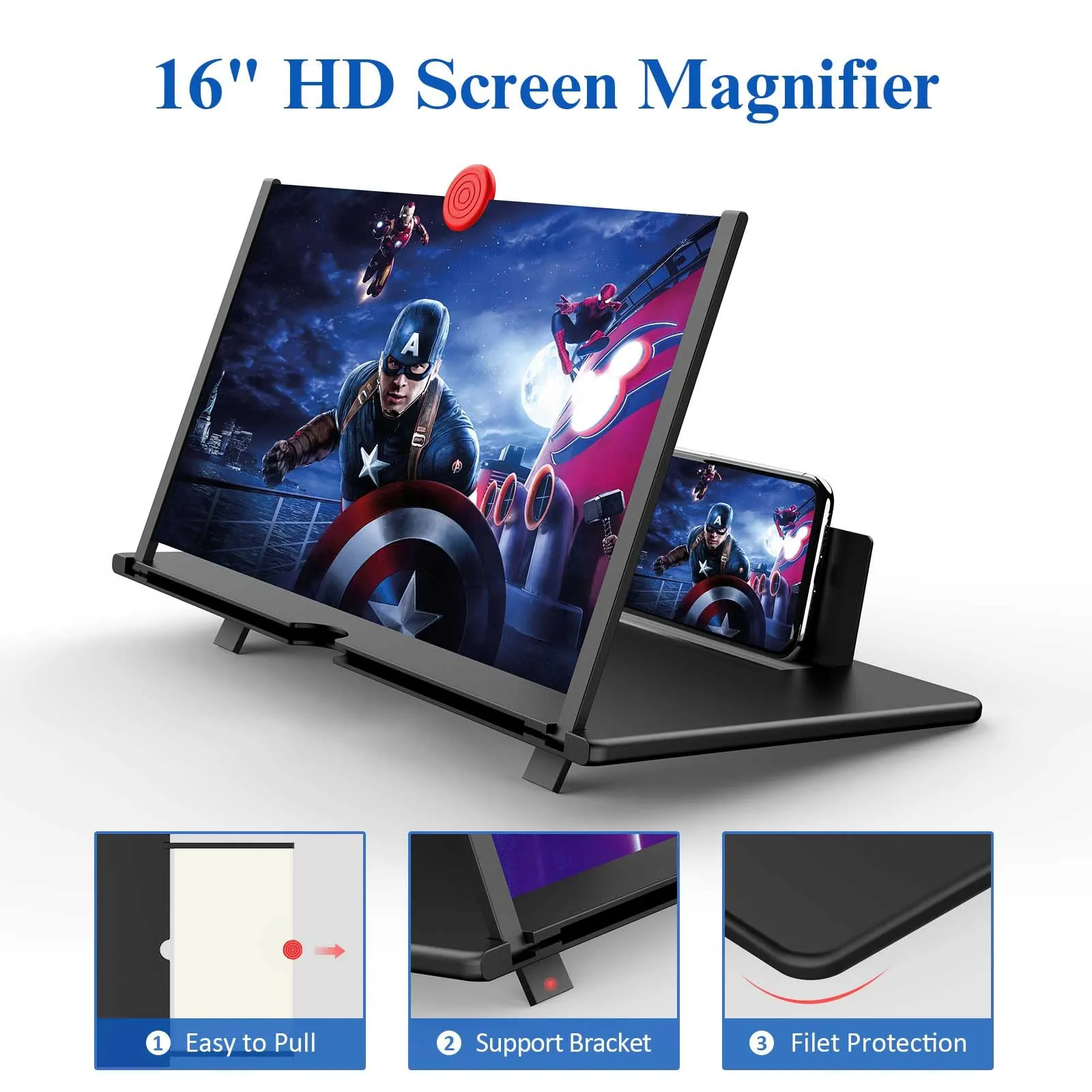 16" Screen Magnifier -3D HD Mobile Phone Magnifying Projector Screen Enlarger for Movies, Videos, and Gaming-Foldable Phone Stand with Screen Amplifier-Supports All Smartphones (Black-16Inch)