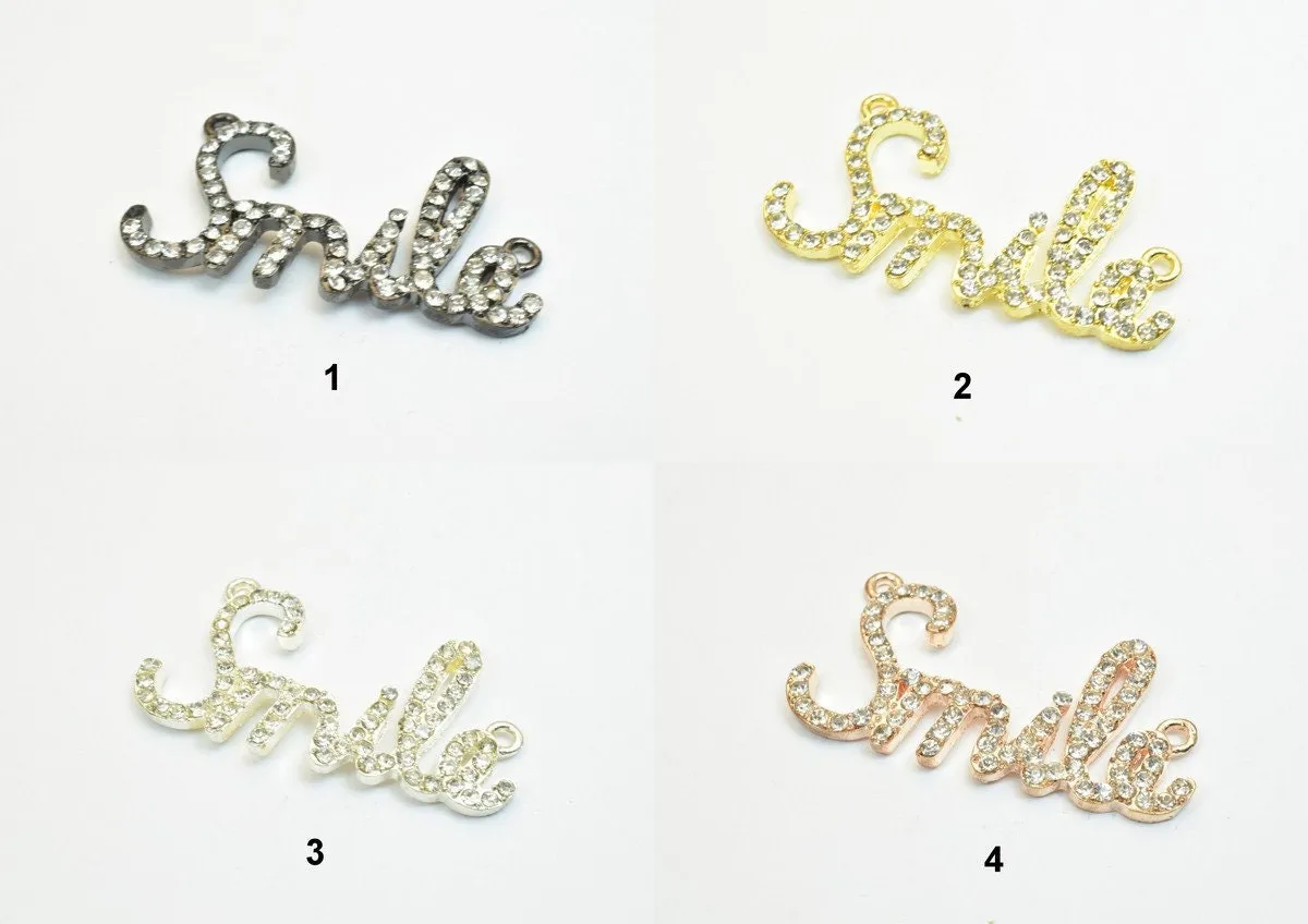 2 PCs Smile Rhinestone Connector Charm Pave Beads Findings Size 22x42mm Thickness 3mm 2 Jump Rings 2mm For Jewelry Making