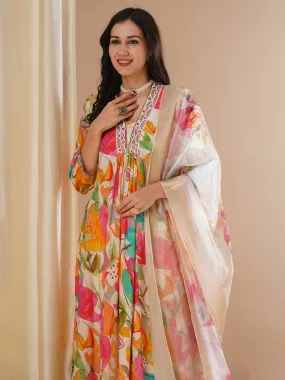 Abstract Floral Printed Embroidered A-Line Pleated Kurta with Pant and Dupatta - Multi