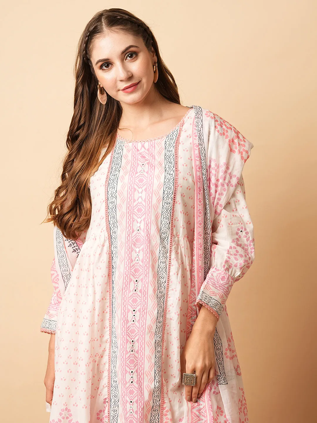 Abstract Printed Mirror Embroidered Flared Kurta with Pants & Dupatta - White & Pink