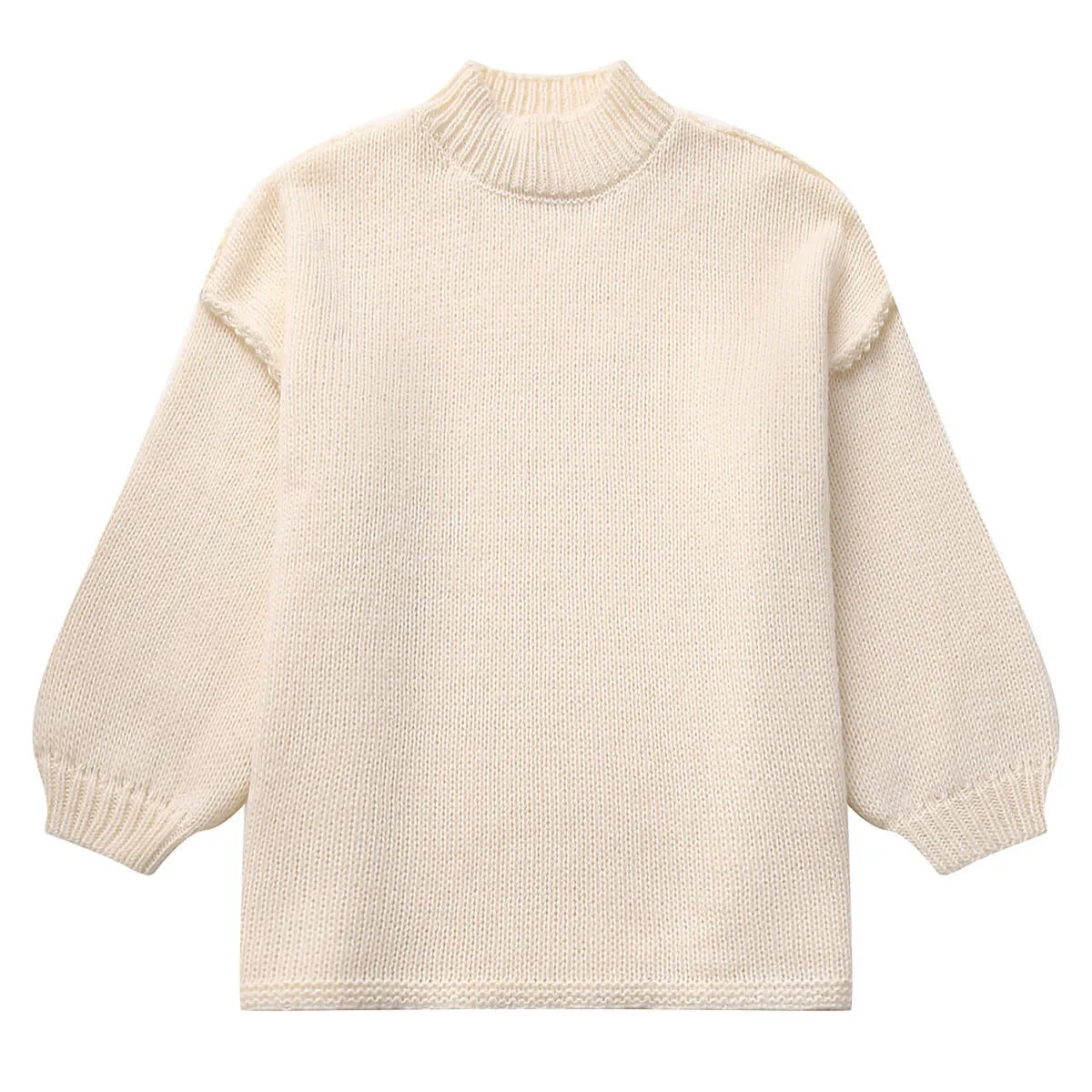 Athflow Style Rib Knit High Neck Exposed Seam Bishop Sleeve Oversized Sweater