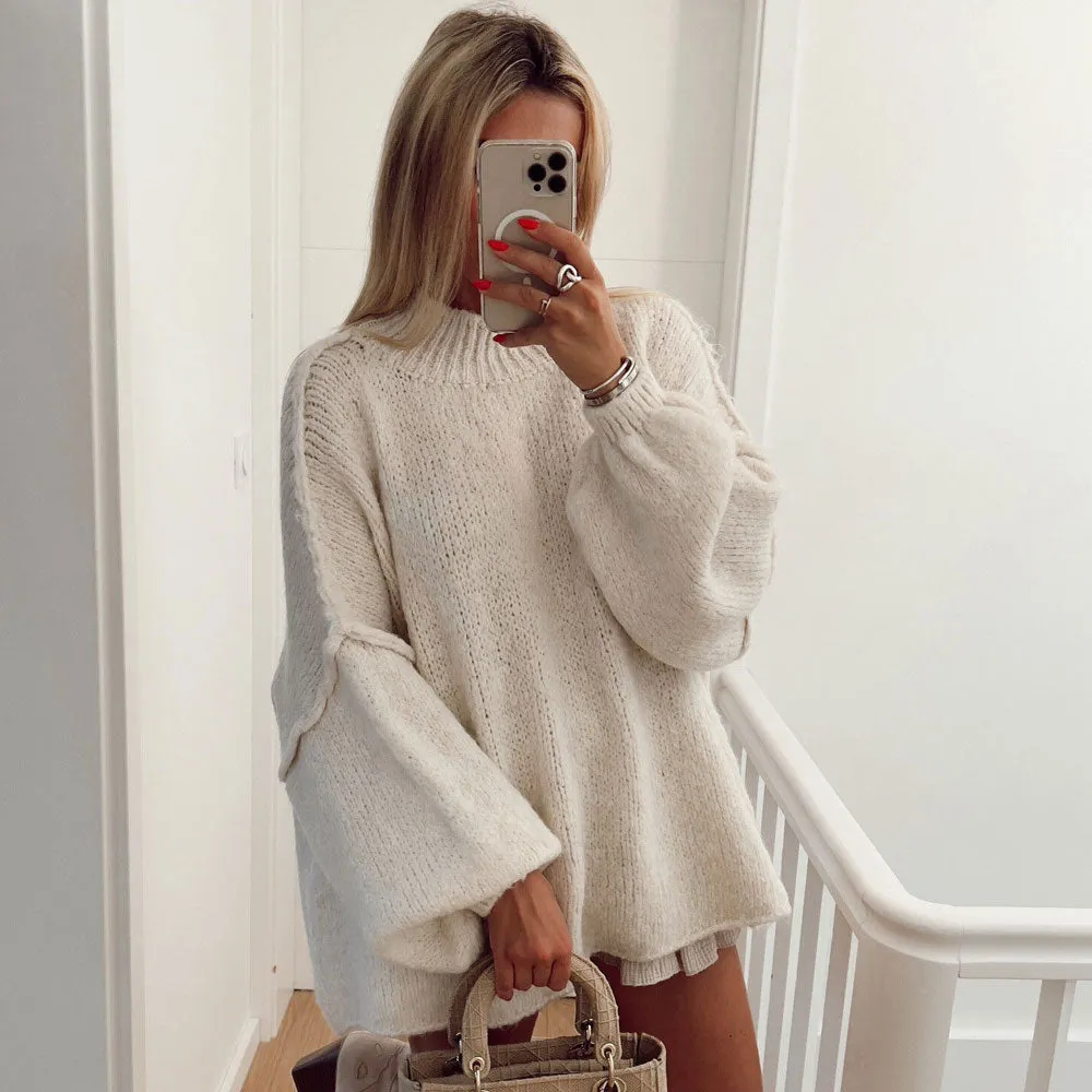 Athflow Style Rib Knit High Neck Exposed Seam Bishop Sleeve Oversized Sweater