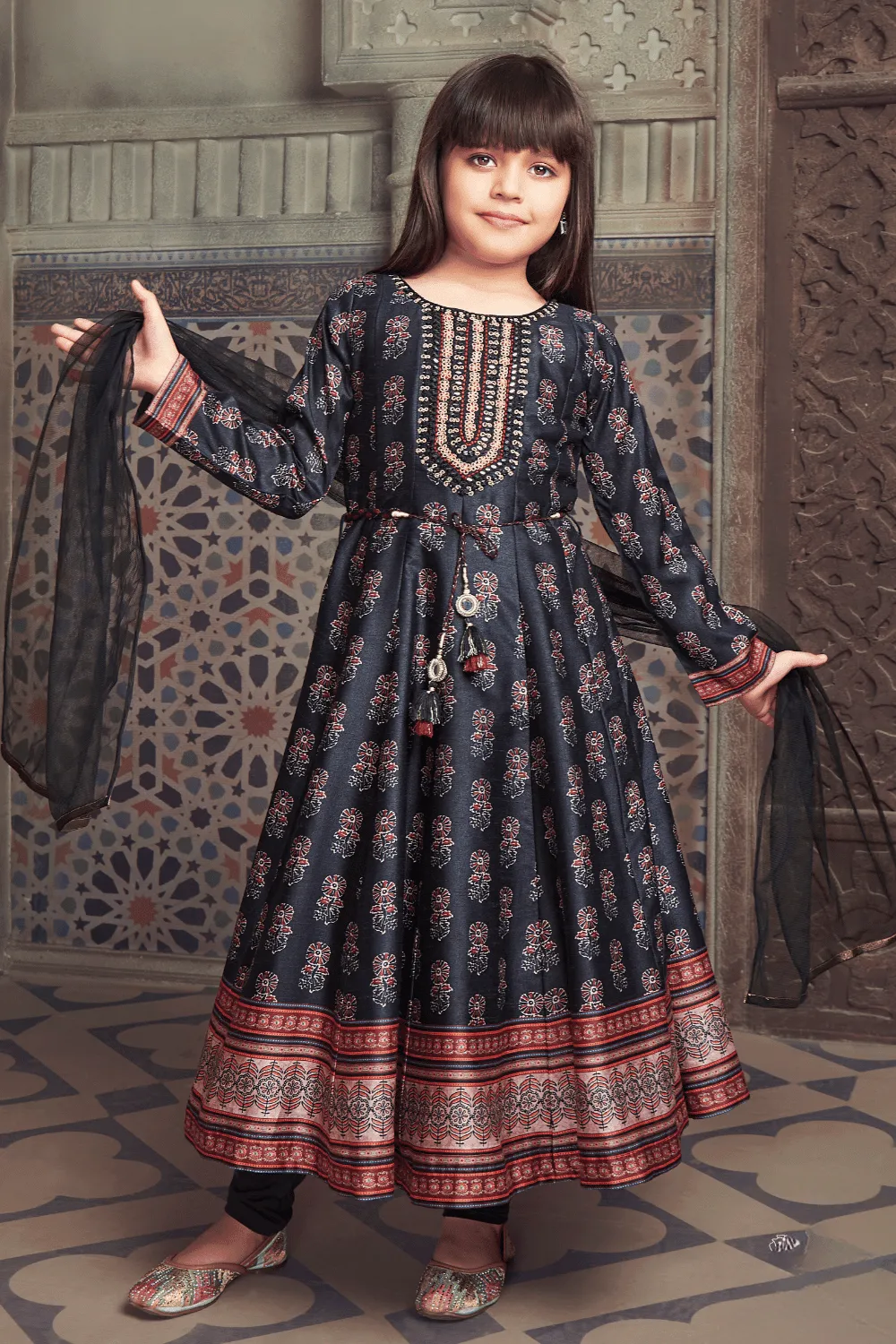 Black Digital Print, Thread and Mirror work Anarkali Style Salwar Suit for Girls