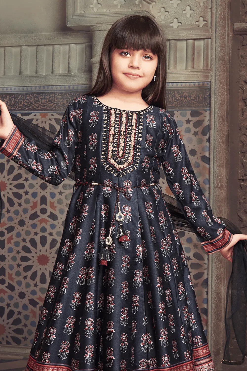 Black Digital Print, Thread and Mirror work Anarkali Style Salwar Suit for Girls