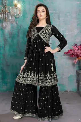 Black Thread, Mirror and Stone work Alia Cut Peplum Top and Sharara Set for Girls