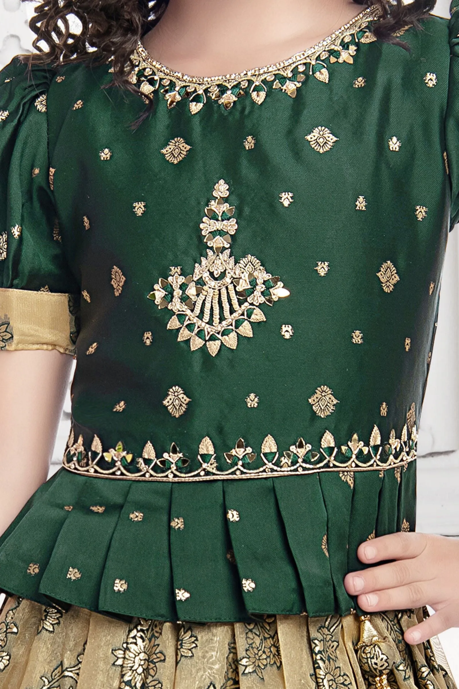 Bottle green with Beige Banaras, Stone and Mirror work Lehenga Choli for Girls