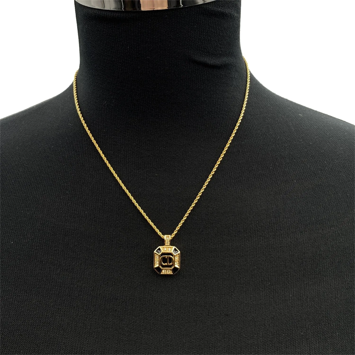 Christian Dior Vintage Gold Metal CD Square Pendant Chain Necklace