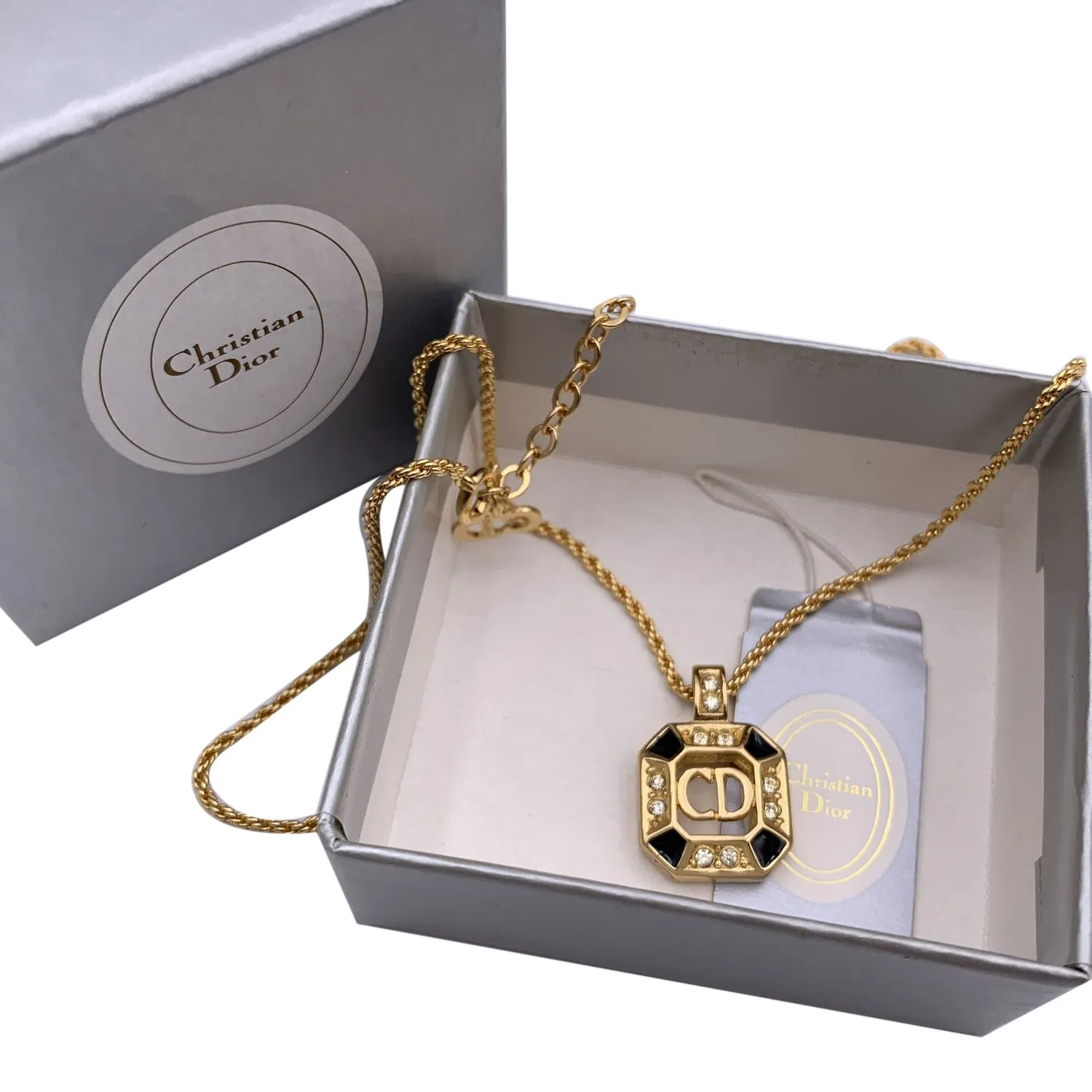 Christian Dior Vintage Gold Metal CD Square Pendant Chain Necklace