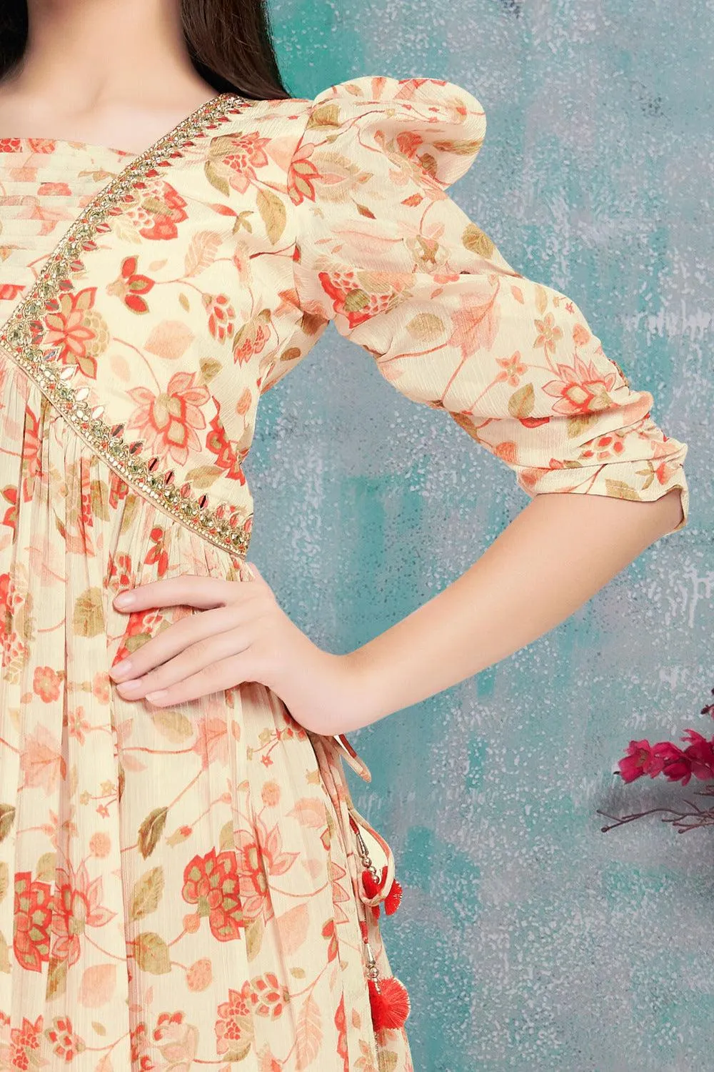 Cream Floral Print, Mirror and Zardozi work Alia Cut Peplum Top and Sharara Set for Girls