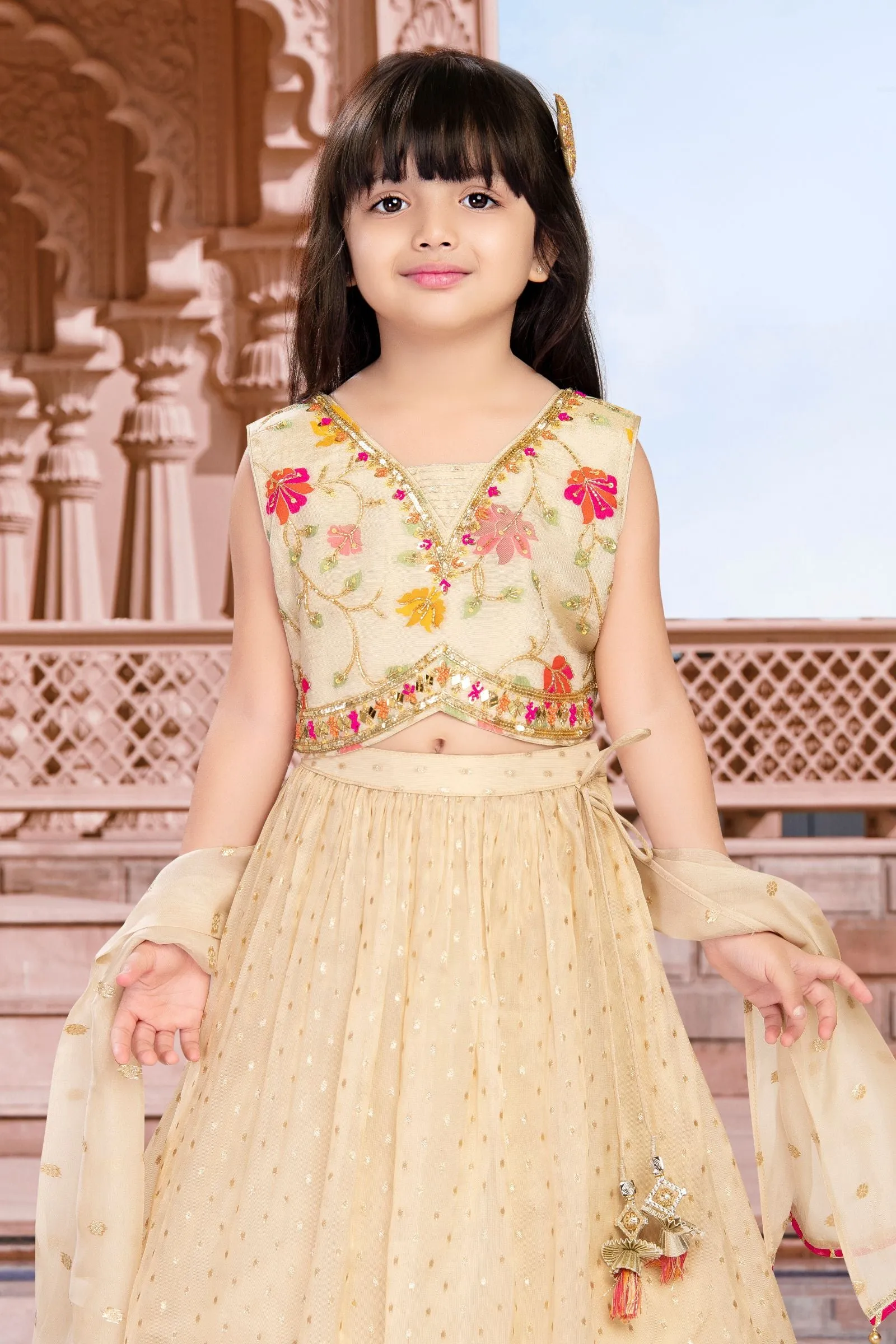 Cream Sequins, Mirror, Beads and Zari work Lehenga Choli for Girls