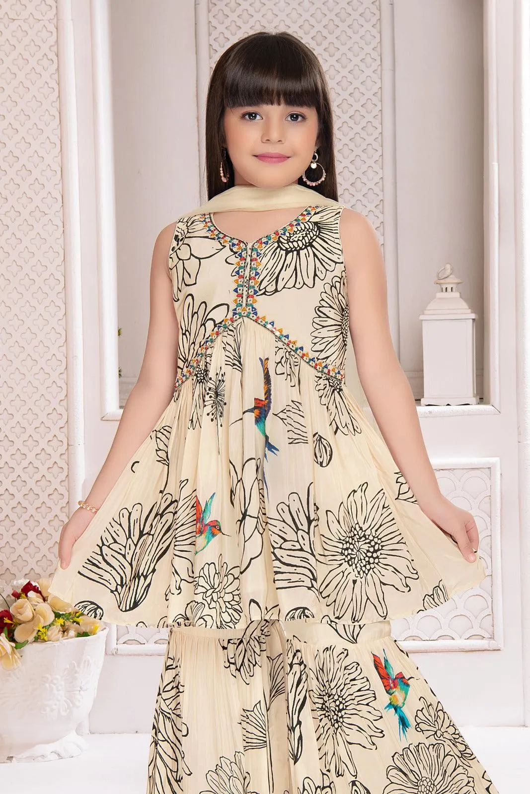 Cream with Black Digital Print Alia Cut Peplum Top and Sharara Set for Girls