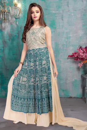 Cream with Blue Mirror, Thread and Sequins work with Digital Print Sharara Set for Girls