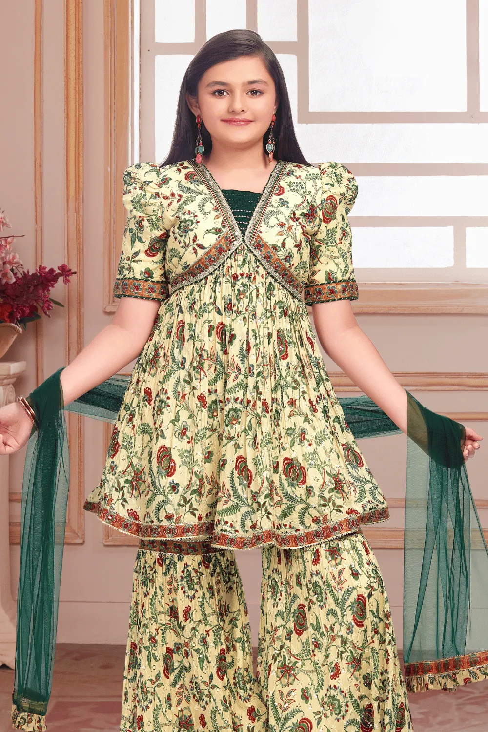 Cream with Multicolor Digital Print, Sequins and Mirror work Peplum Top and Sharara Set for Girls