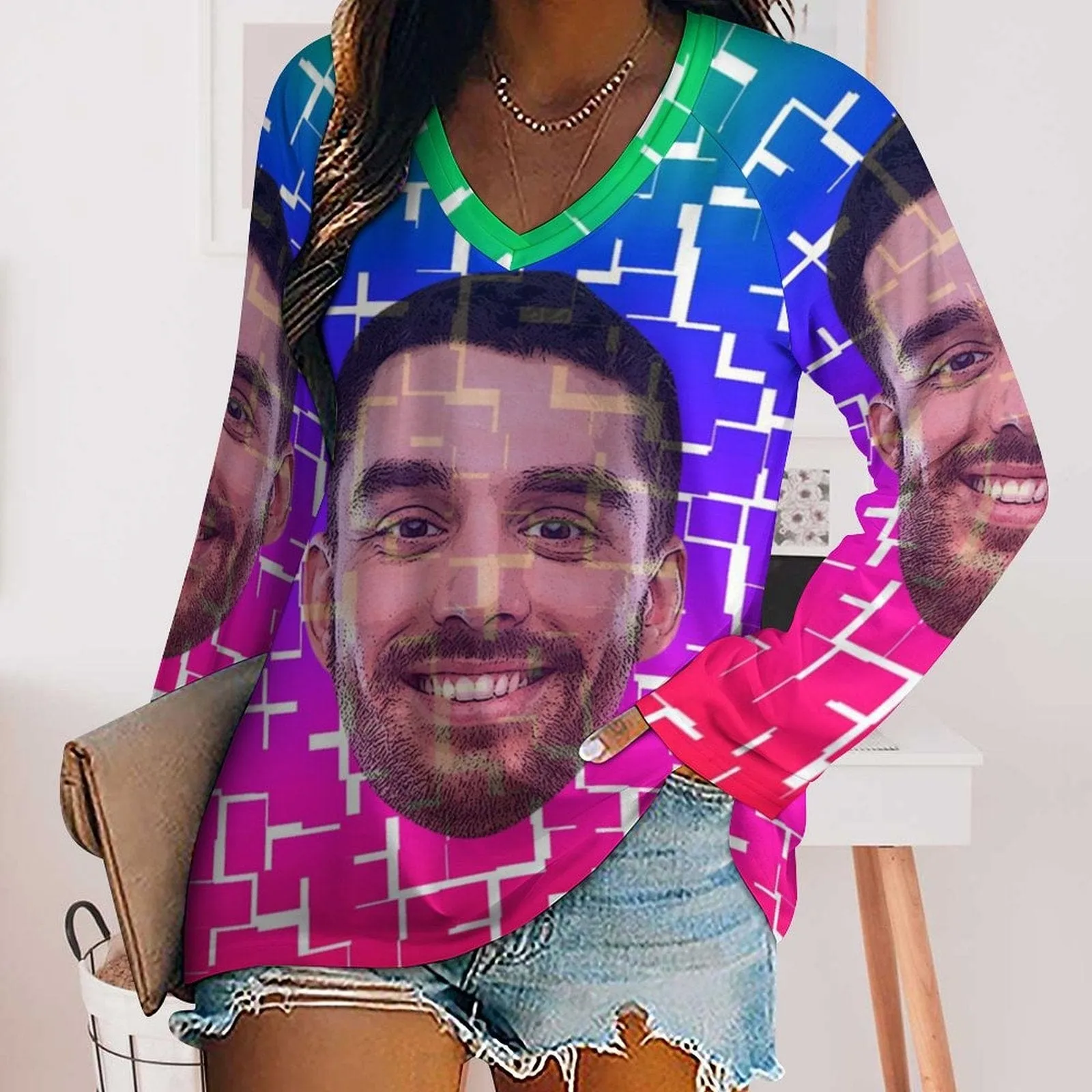 Custom Big Face Long Sleeves Shirt Women's Personalized Colorful Puzzle Loose Tops