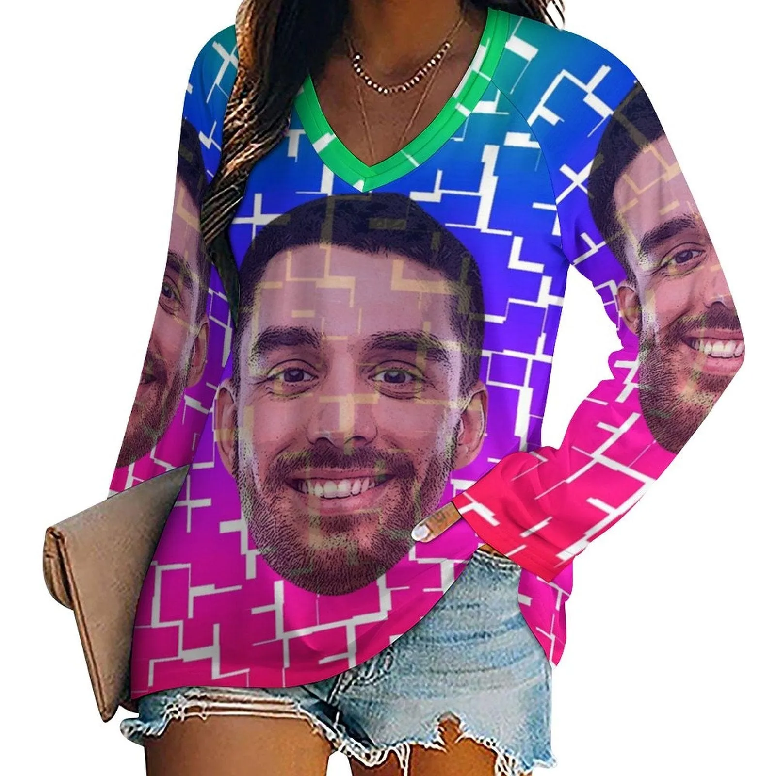 Custom Big Face Long Sleeves Shirt Women's Personalized Colorful Puzzle Loose Tops