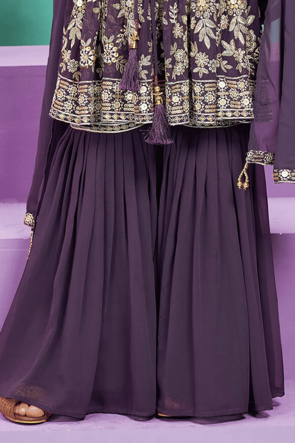 Dark Purple Mirror, Zardozi, Sequins and Thread work Peplum Style Sharara Suit Set for Girls