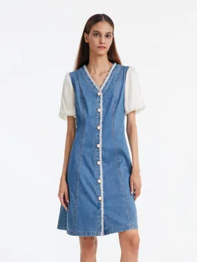 Denim Patchwork V-Neck Midi Dress