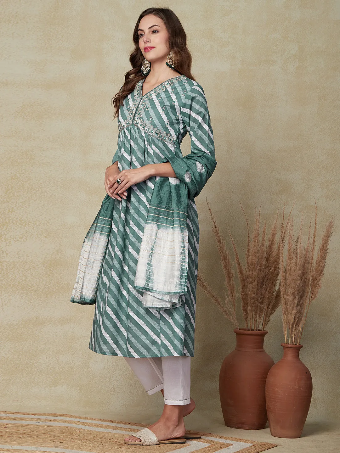 Diagonal striped Mirror Embroidered Pleated Kurta with Pants & Dupatta - Green