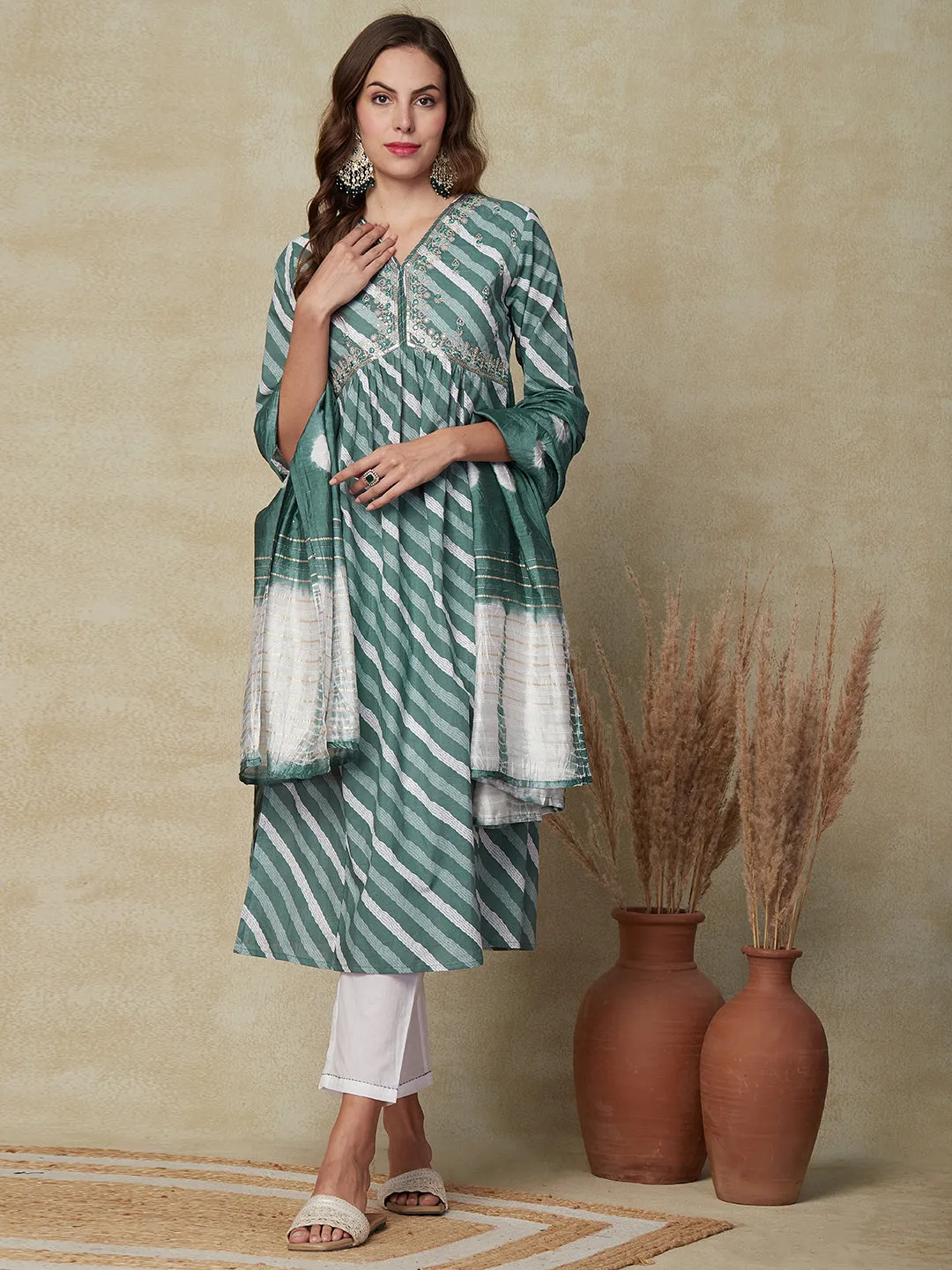 Diagonal striped Mirror Embroidered Pleated Kurta with Pants & Dupatta - Green