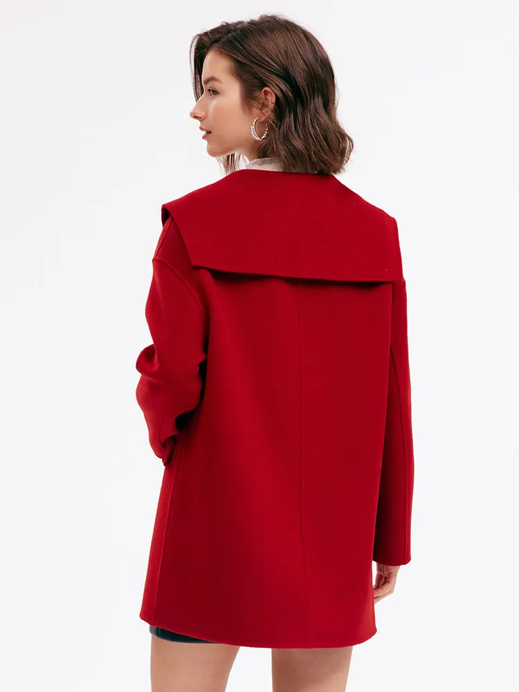 Double-Breasted Wool Women Coat With Heart-Shaped Bag