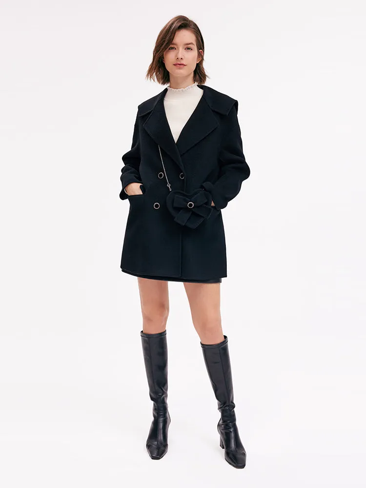 Double-Breasted Wool Women Coat With Heart-Shaped Bag