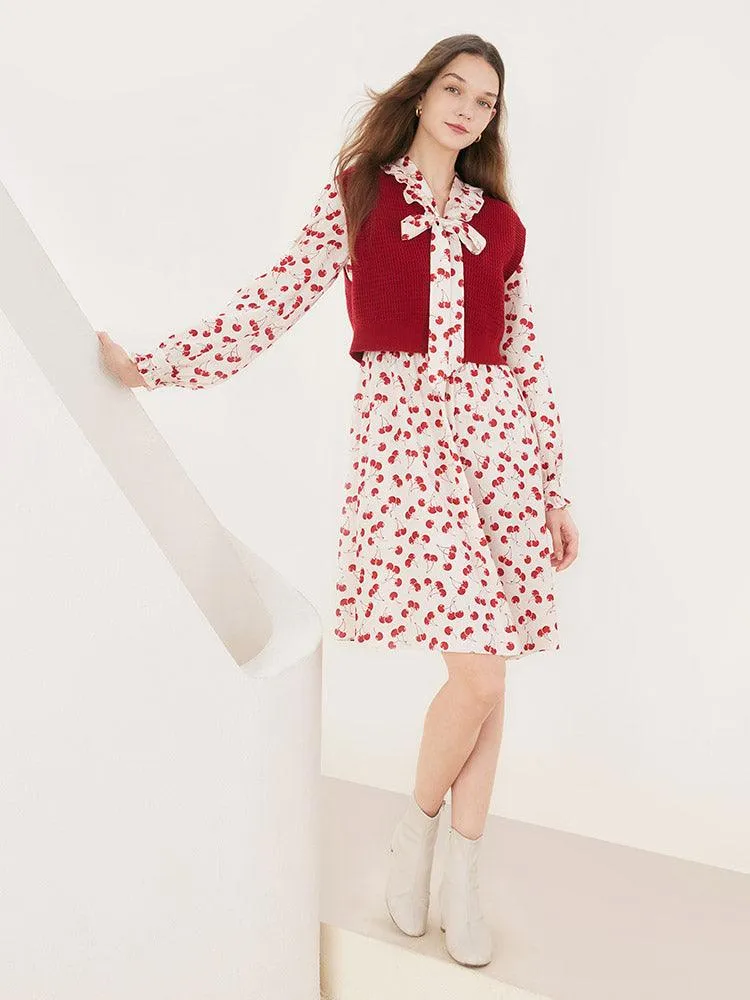 Floral Two-Piece Set Dress And Woolen Vest