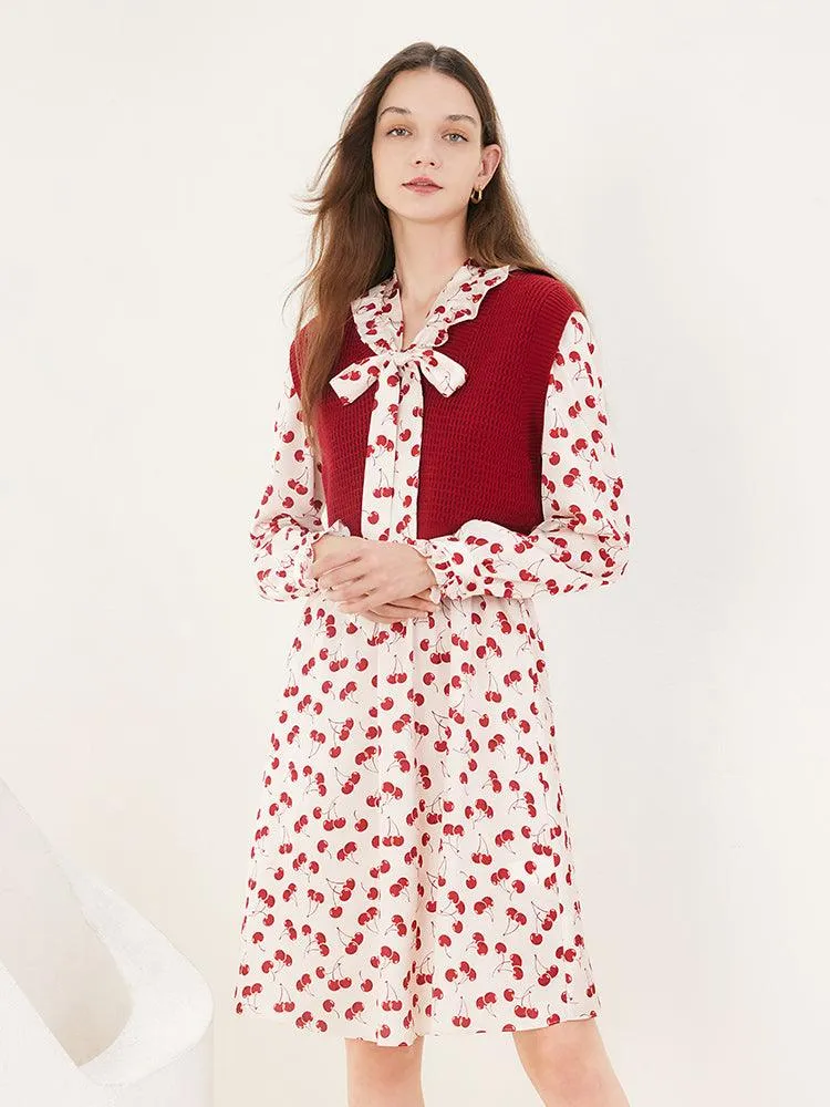 Floral Two-Piece Set Dress And Woolen Vest