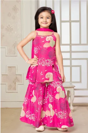 Fluorescent Pink Multicolor Digital Print, Mirror and Thread work for Girls Sharara Suit Set