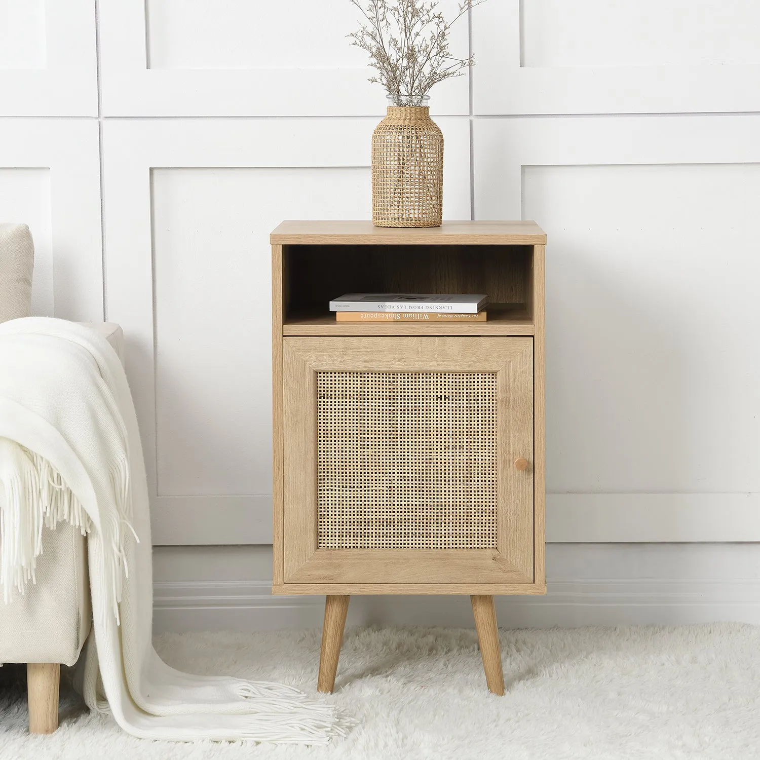 Frances Woven Rattan 1-Door Bedside Table in Natural Colour