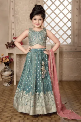 Green Banaras, Zari, Zardozi, Mirror and Sequins work Lehenga Choli for Girls