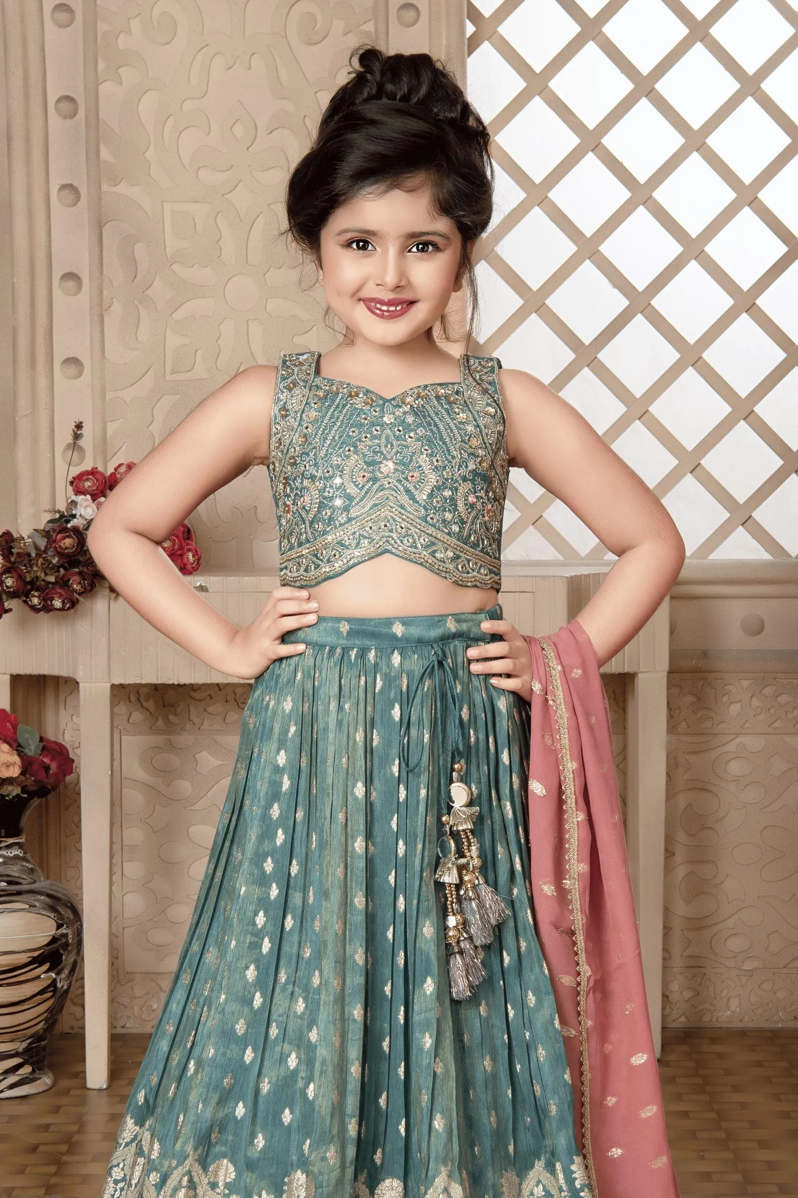 Green Banaras, Zari, Zardozi, Mirror and Sequins work Lehenga Choli for Girls