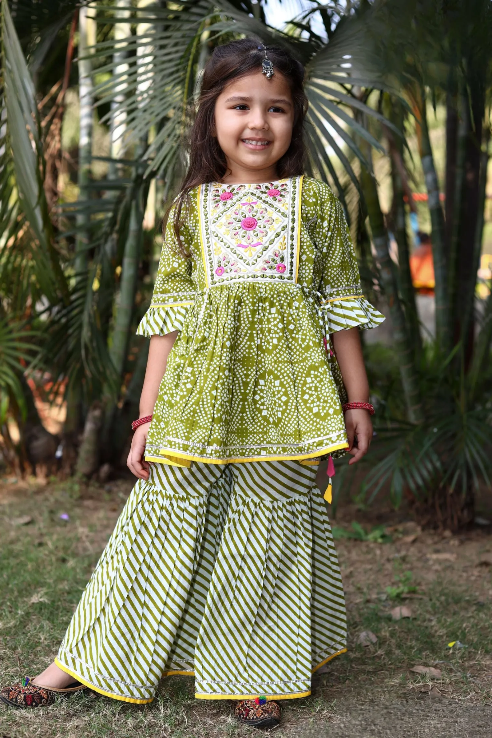 Green Bandini Print, Mirror and Thread work Peplum Top and Sharara Set for Girls