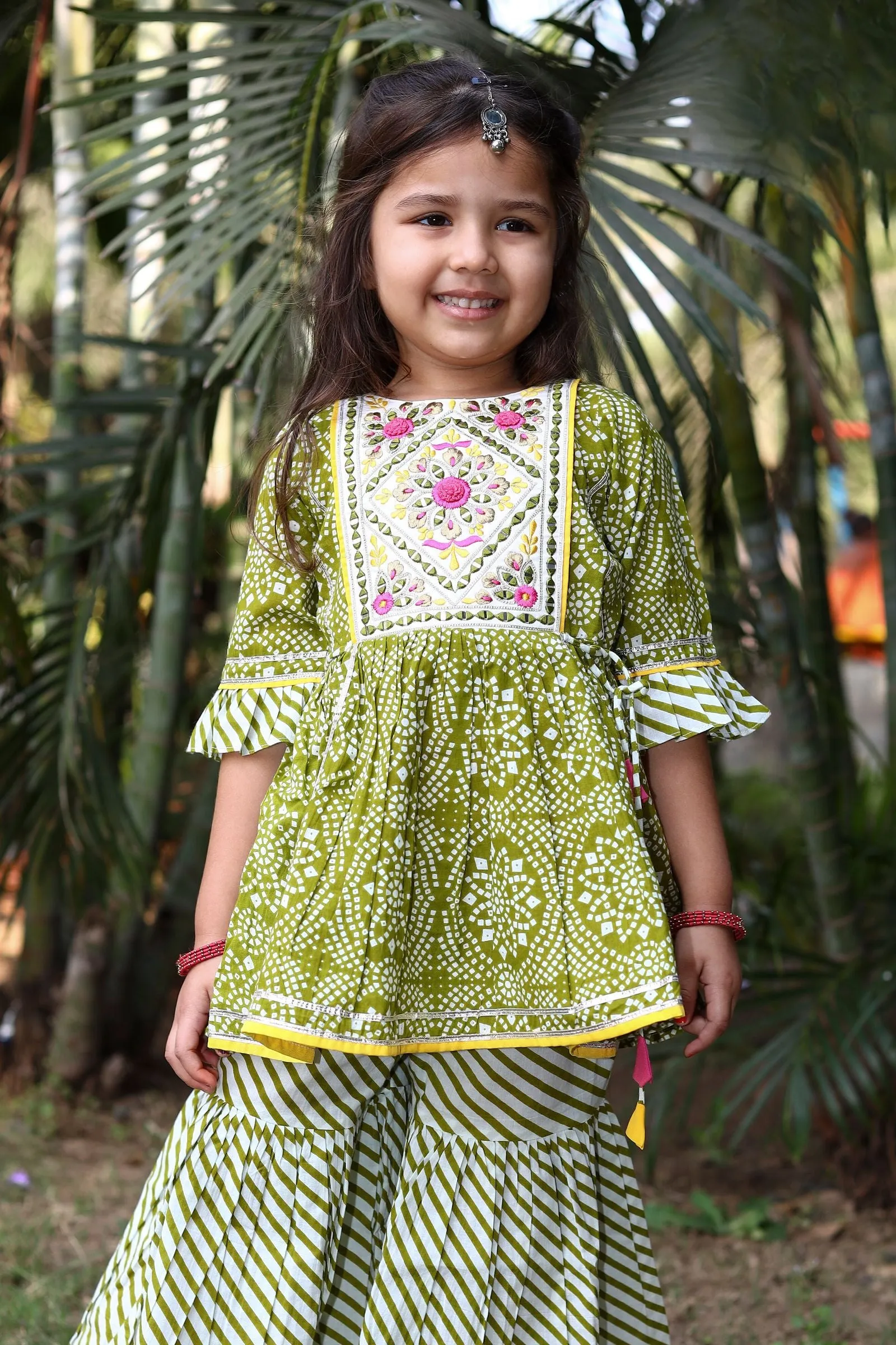 Green Bandini Print, Mirror and Thread work Peplum Top and Sharara Set for Girls