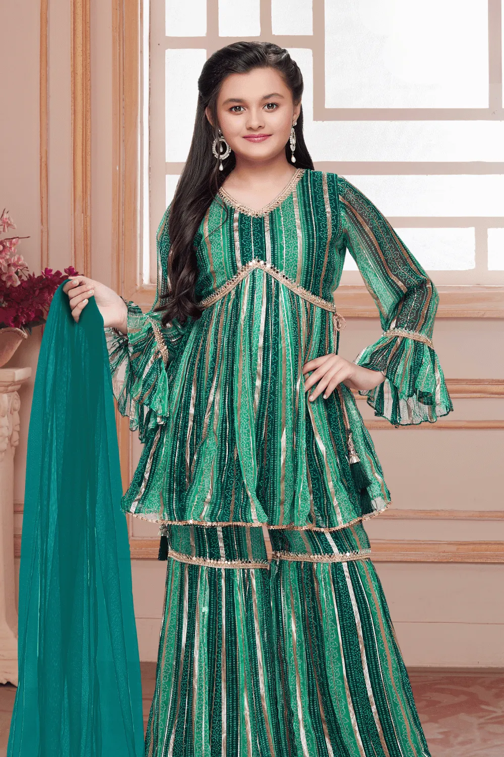 Green Bandini Print, Zari and Mirror work Peplum Style Sharara Suit Set for Girls