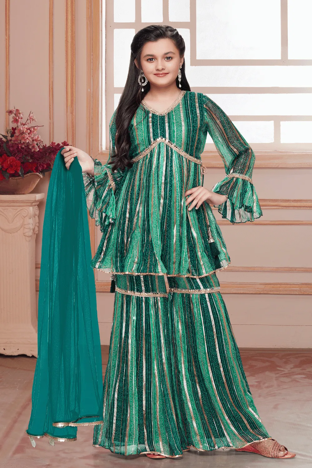 Green Bandini Print, Zari and Mirror work Peplum Style Sharara Suit Set for Girls