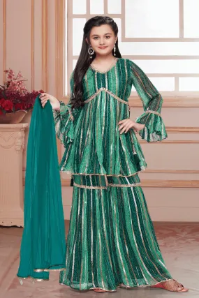 Green Bandini Print, Zari and Mirror work Peplum Style Sharara Suit Set for Girls