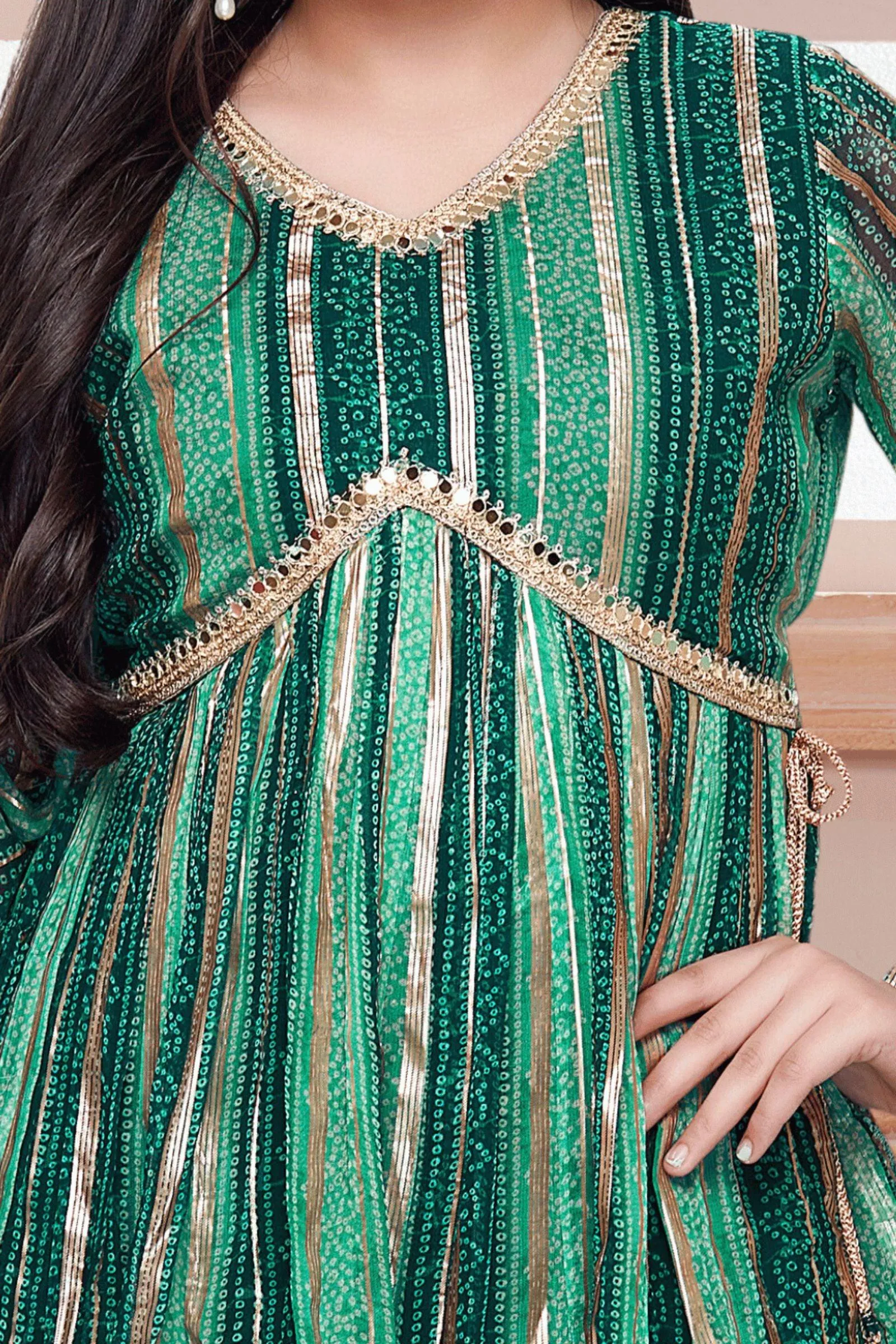 Green Bandini Print, Zari and Mirror work Peplum Style Sharara Suit Set for Girls