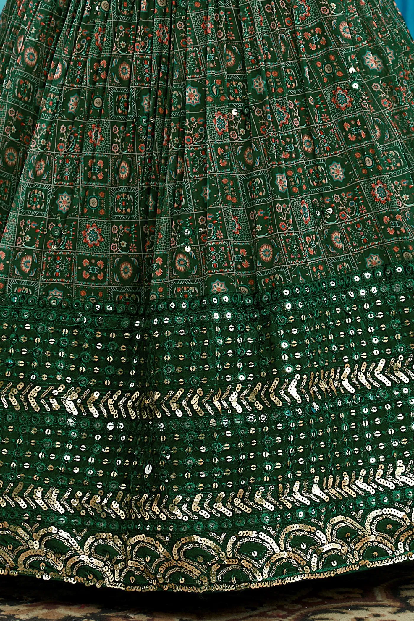 Green Mirror, Stone, Sequins and Thread work with Digital Print Long Party Gown for Girls