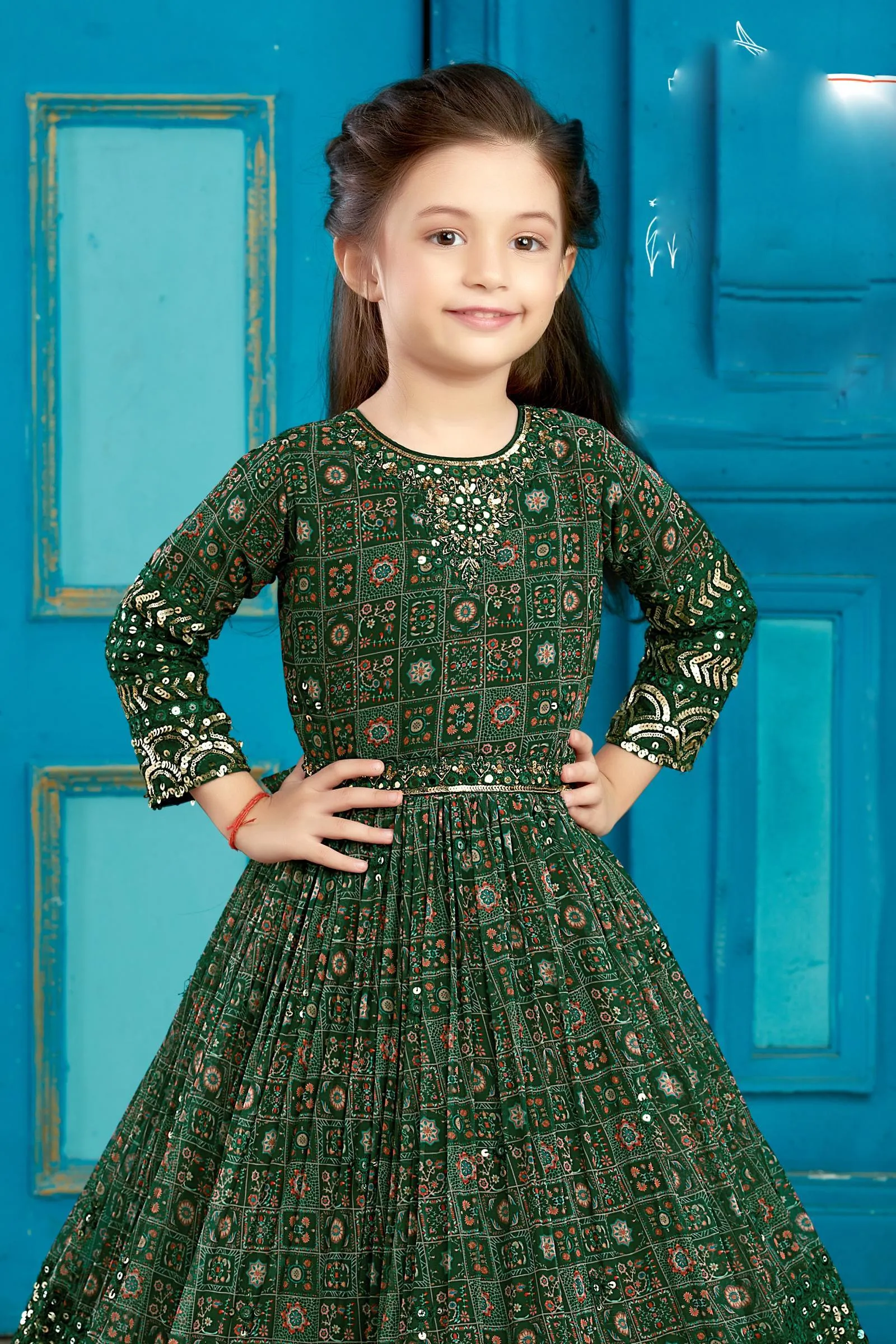 Green Mirror, Stone, Sequins and Thread work with Digital Print Long Party Gown for Girls