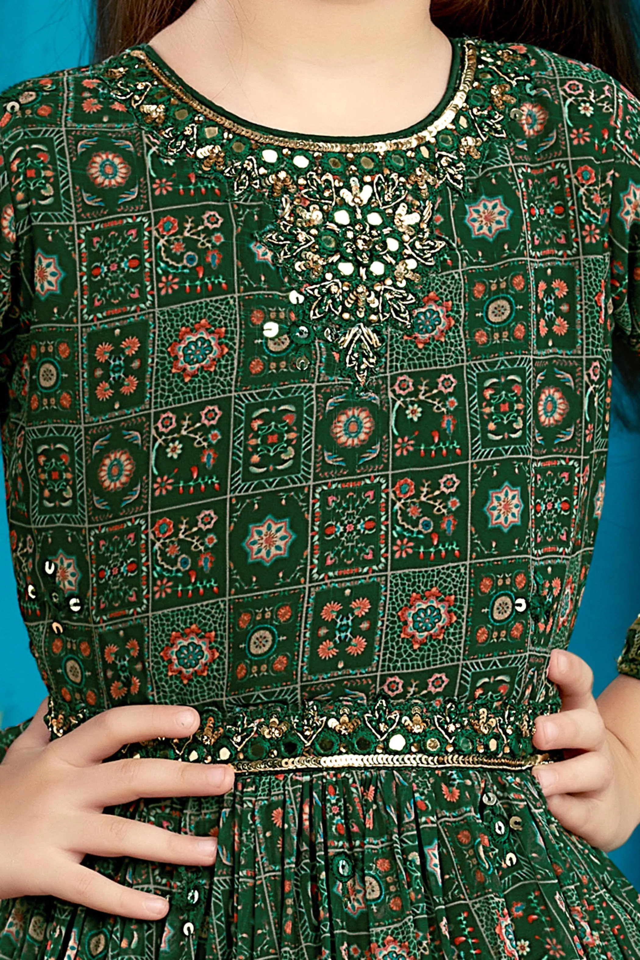 Green Mirror, Stone, Sequins and Thread work with Digital Print Long Party Gown for Girls