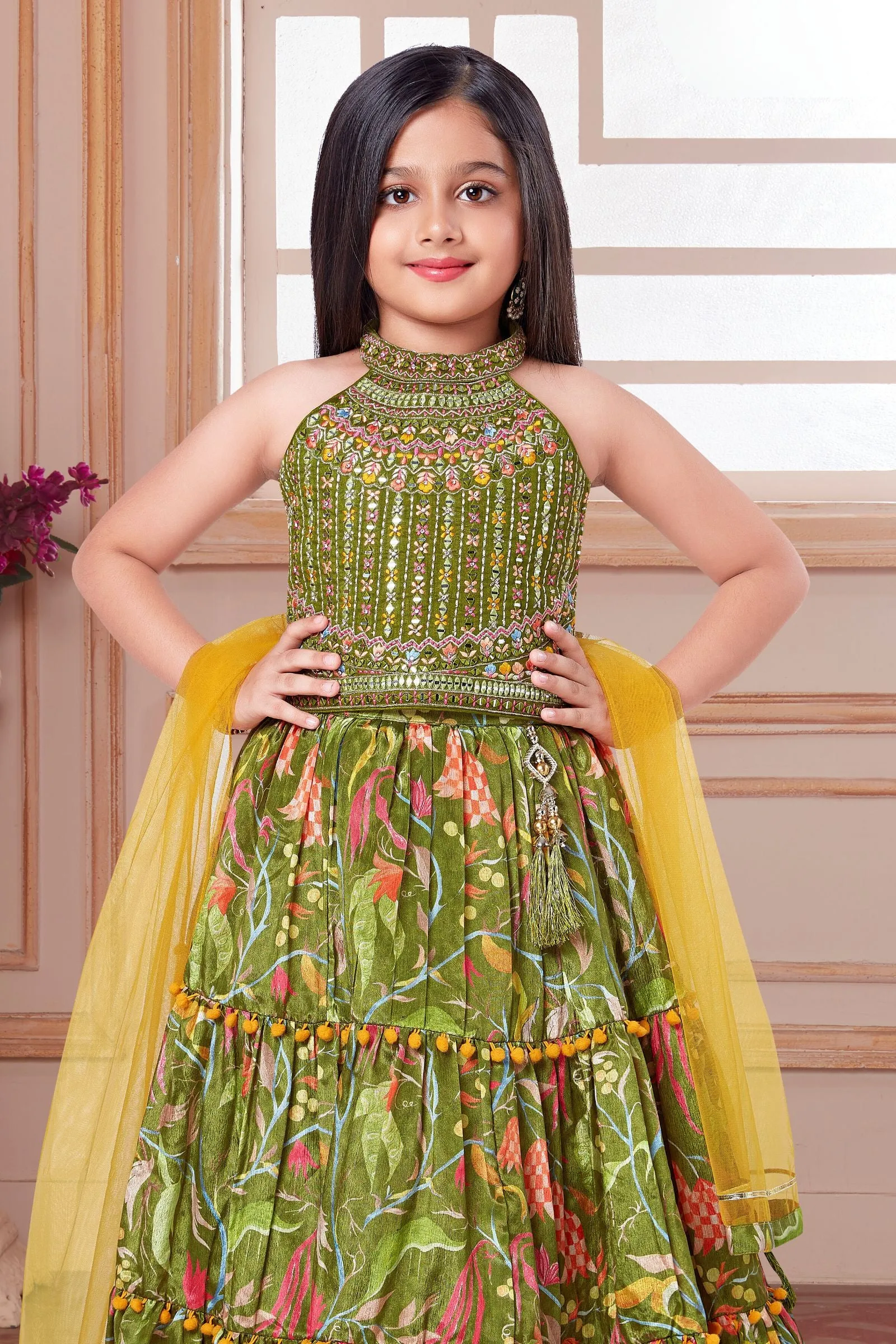 Green Multicolor Thread, Mirror and Stone work with Digital Print Lehenga Choli for Girls