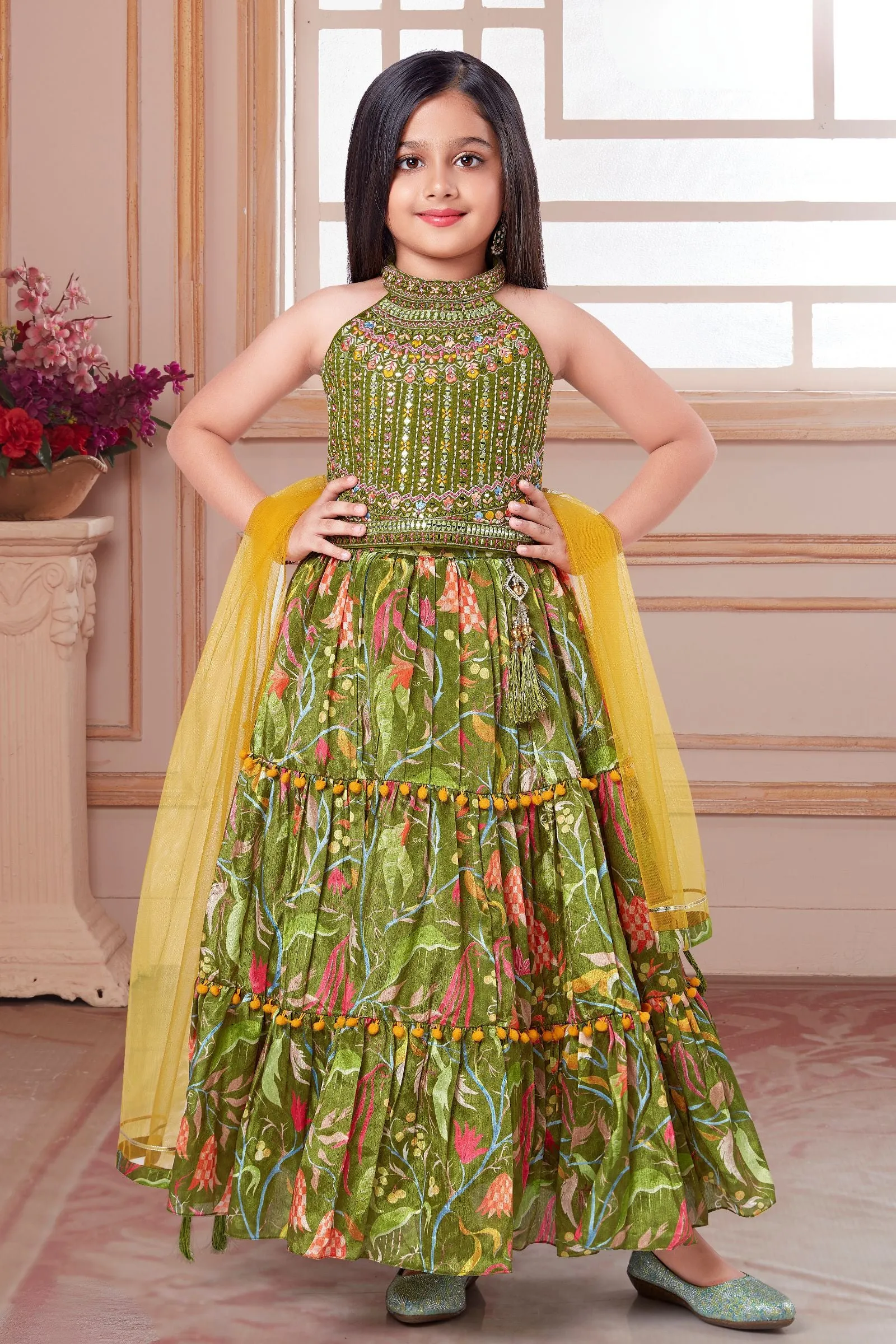 Green Multicolor Thread, Mirror and Stone work with Digital Print Lehenga Choli for Girls