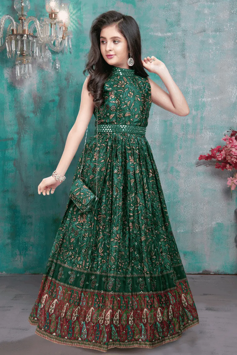 Green Sequins, Thread and Mirror work with Kalamkari Print Long Party Gown for Girls