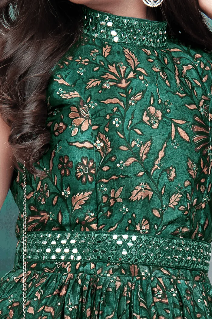 Green Sequins, Thread and Mirror work with Kalamkari Print Long Party Gown for Girls