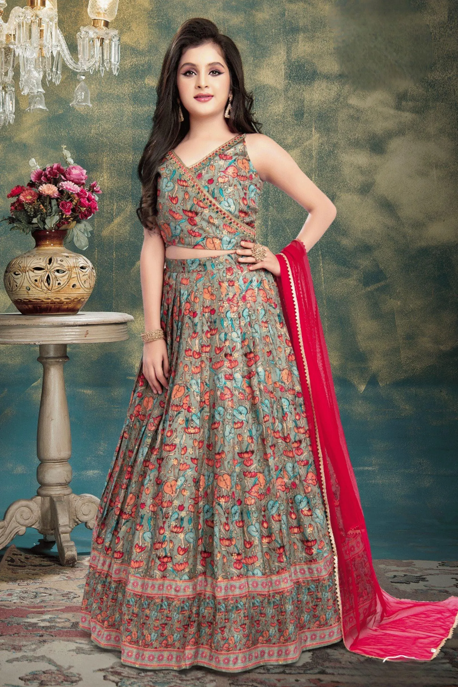 Green with Multicolor Digital Print, Mirror, Zardozi and Stone work Lehenga Choli for Girls