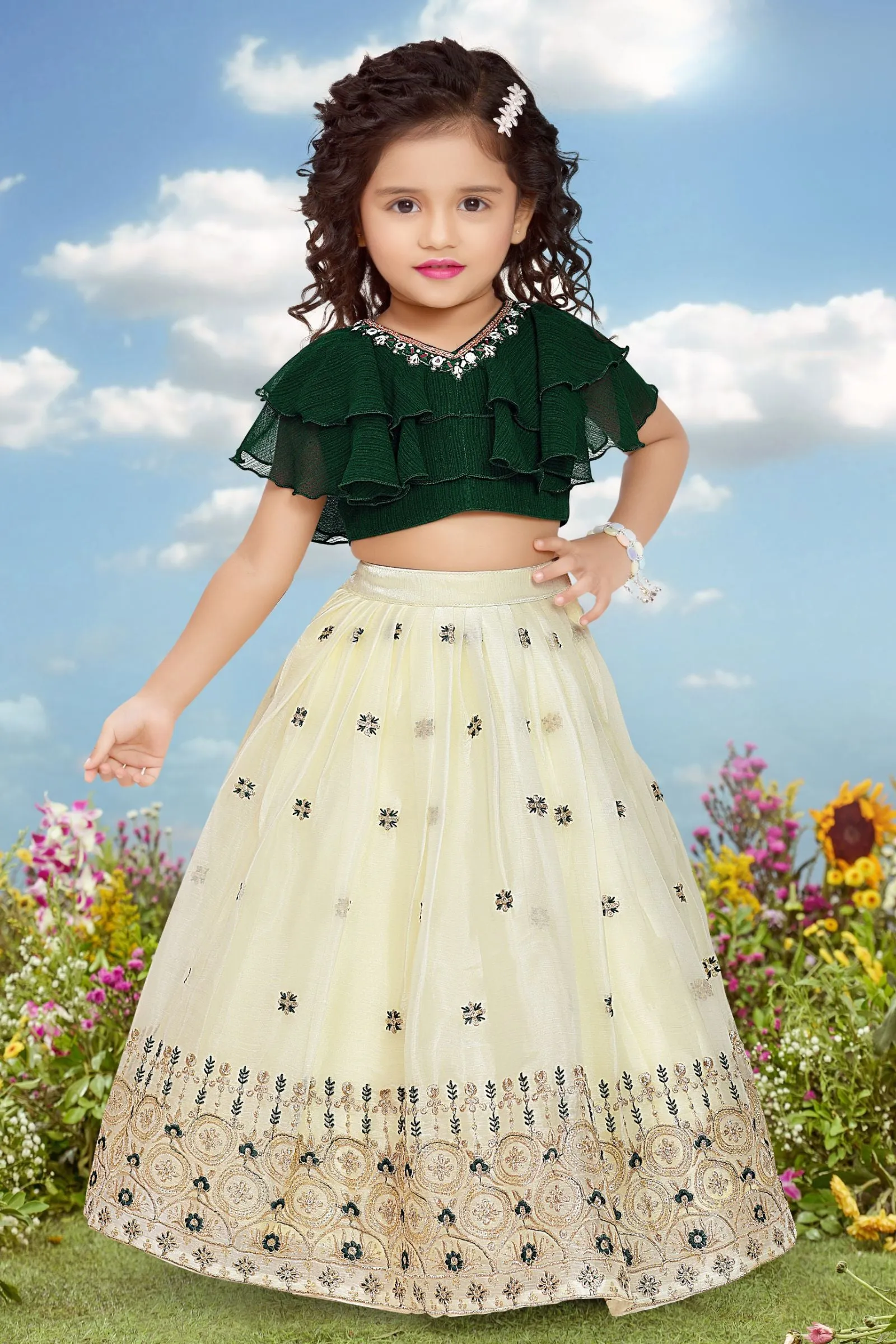 Green with Sandal Mirror, Stone, Beads, Zari and Thread work Lehenga Choli for Girls