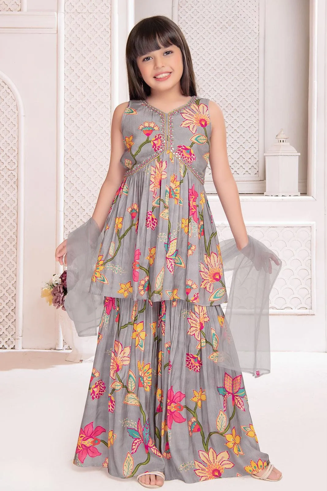 Grey Floral Print Alia Cut Peplum Top and Sharara Set for Girls