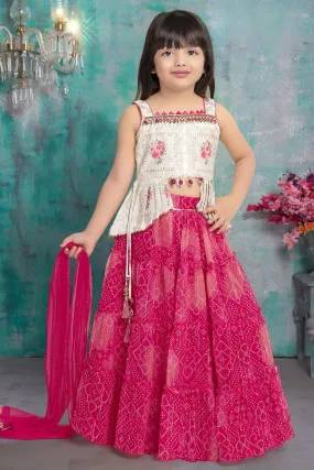 Half White with Pink Bandini Print, Zari, Sequins and Mirror work Lehenga Choli for Girls